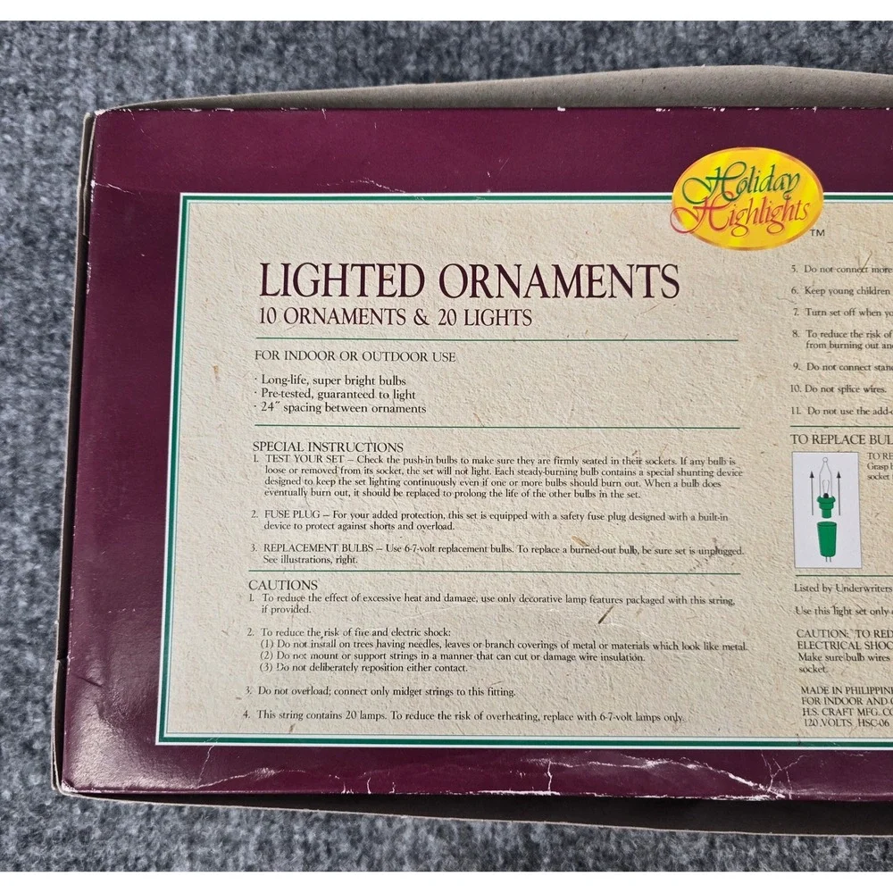 Holiday Highlights Lighted Ornaments Set of 10 Icicle Vtg Christmas Lights. NEW